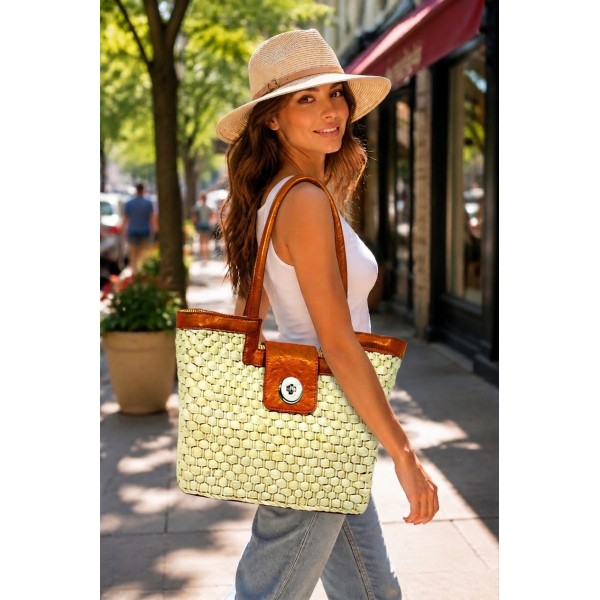 Straw Satchel: Corn Husk w/ Leather-like Trim & Handles - Orange - BG-B10015A-OG
